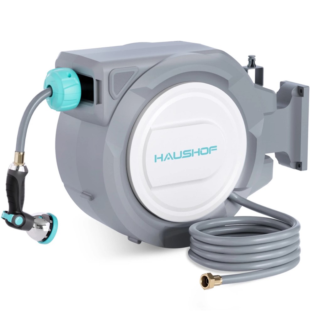 haushof 1/2" x 100 ft retractable garden hose reel with automatic rewind, 10-pattern spray nozzle, durable high-pressure hose, and 180° swivel bracket – perfect for watering gardens, cleaning patios
