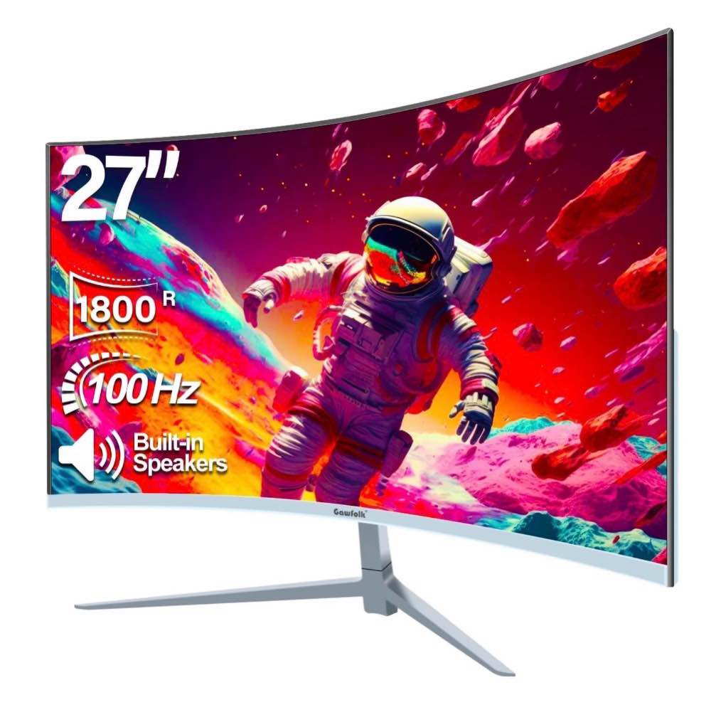 Gawfolk 27 inch Curved Monitor 100hz PC White Computer Gaming Monitor FHD 1080P 1800R Frameless Built-in Speakers