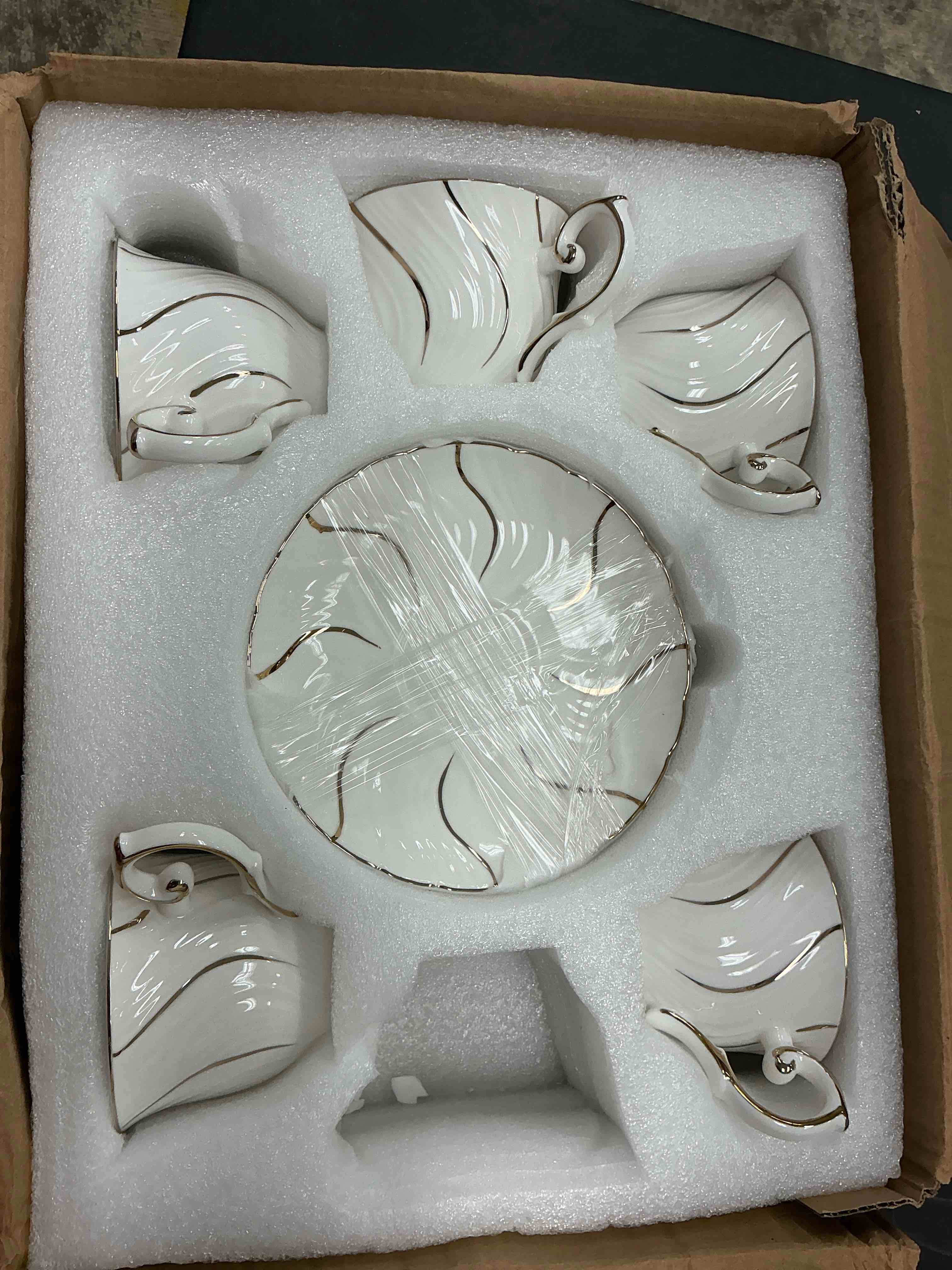 Condition photo showing Good Condition for Tea Cups Set Of 5 , Tea Cup And Saucer Set,6oz for Tea,Coffee, Latte, Cafe Mocha, Porcelain Tea Party Set (White with gold thread set of 6)