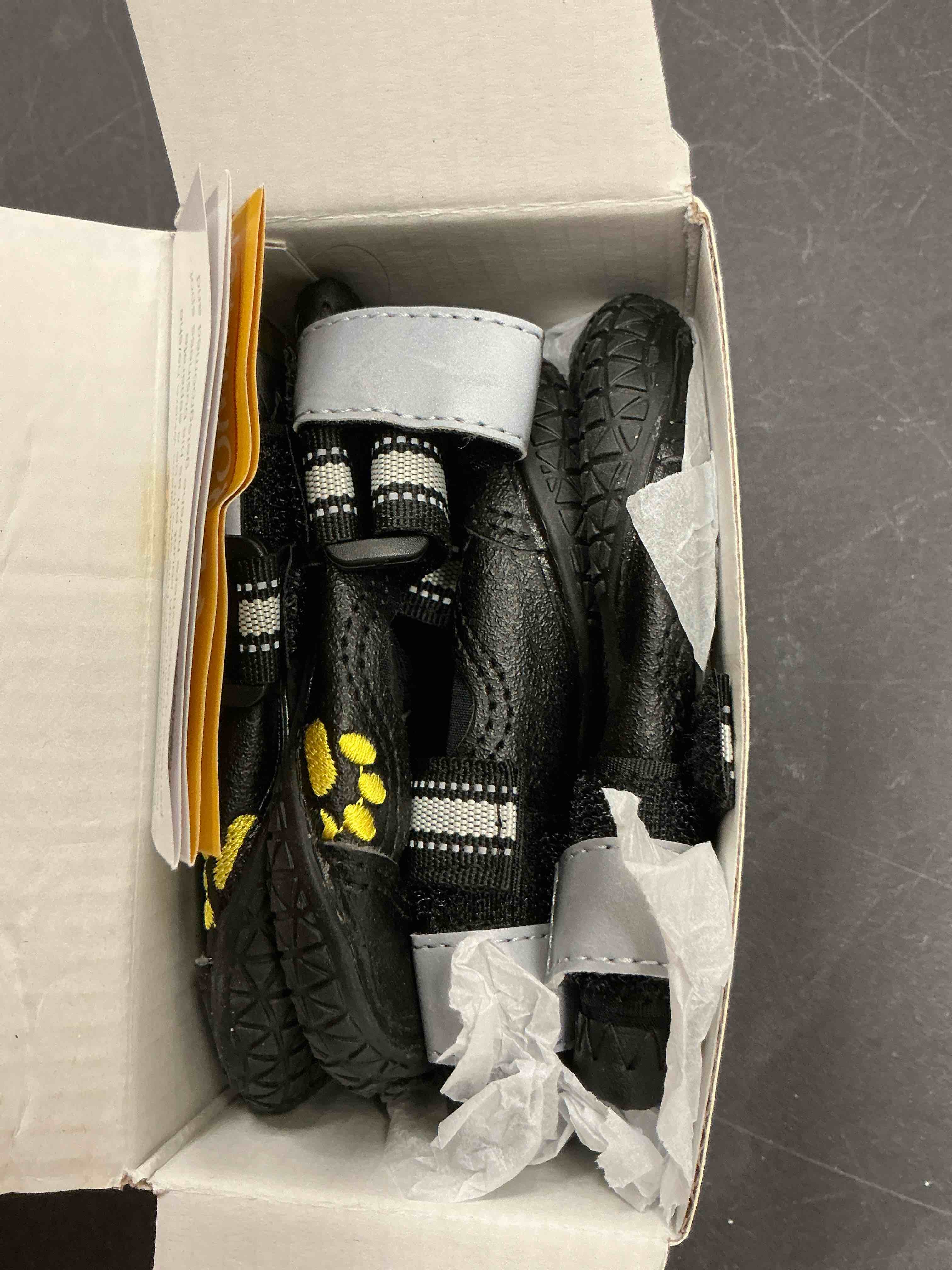 Condition photo showing Good Condition for QUMY Dog Shoes for Large Dogs, Medium Dog Boots & Paw Protectors for Winter Snowy Day, Summer Hot Pavement, Water-Resistant in Rainy Weather, Outdoor Walking, Indoor Hardfloors Skid-Resistant Sole Black Size 2: 1.9''x2.4''(W*L) (Pack of 4)