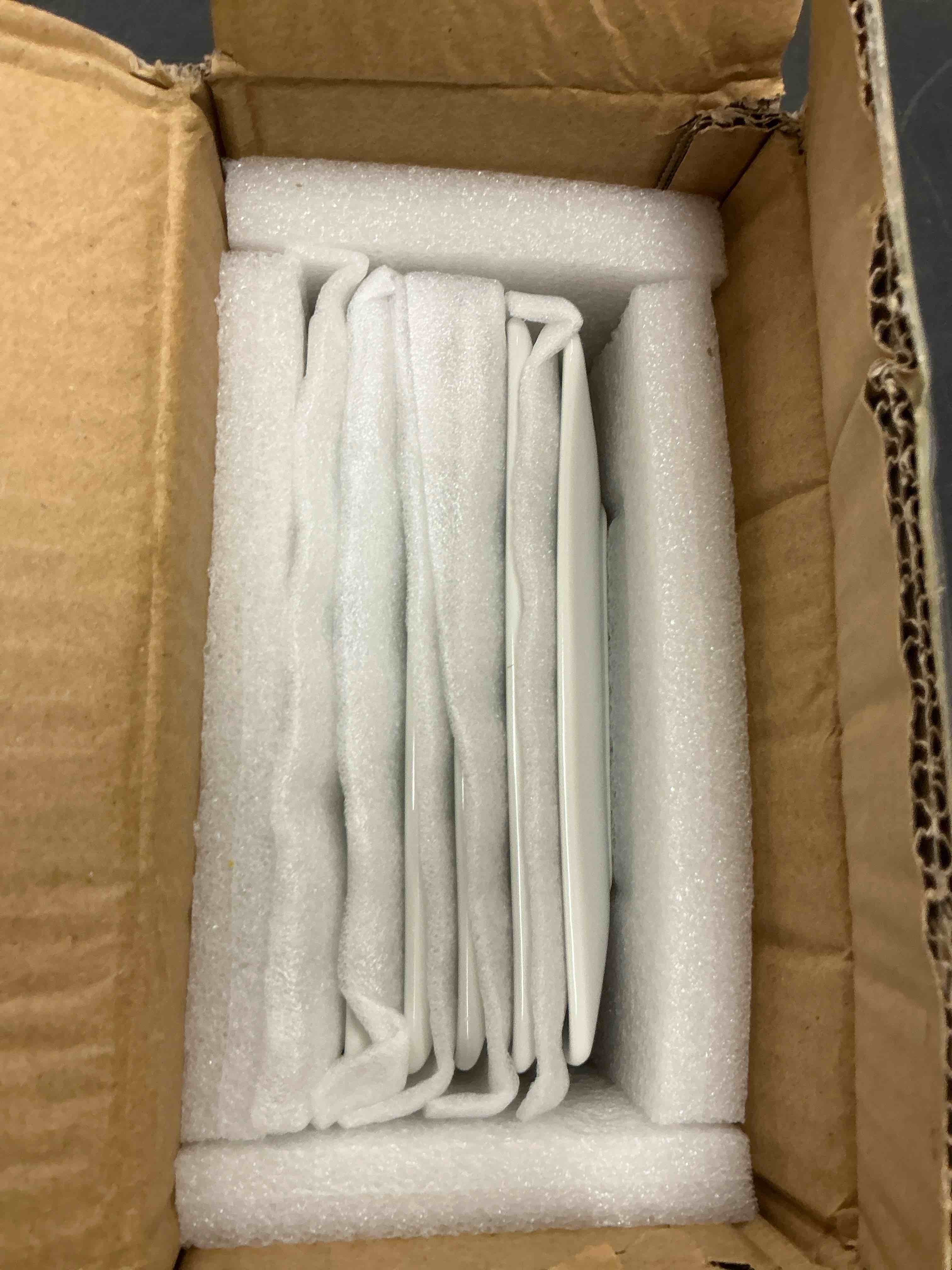 Condition photo showing New/Like New for Appetizer Plates Set of 6, 6 Inch Porcelain Dessert Plates, White Stackable Square Salad Plates for Snack Steak Bread Butter, Chip and Scratch Resistant, Microwave and Dishwasher Safe