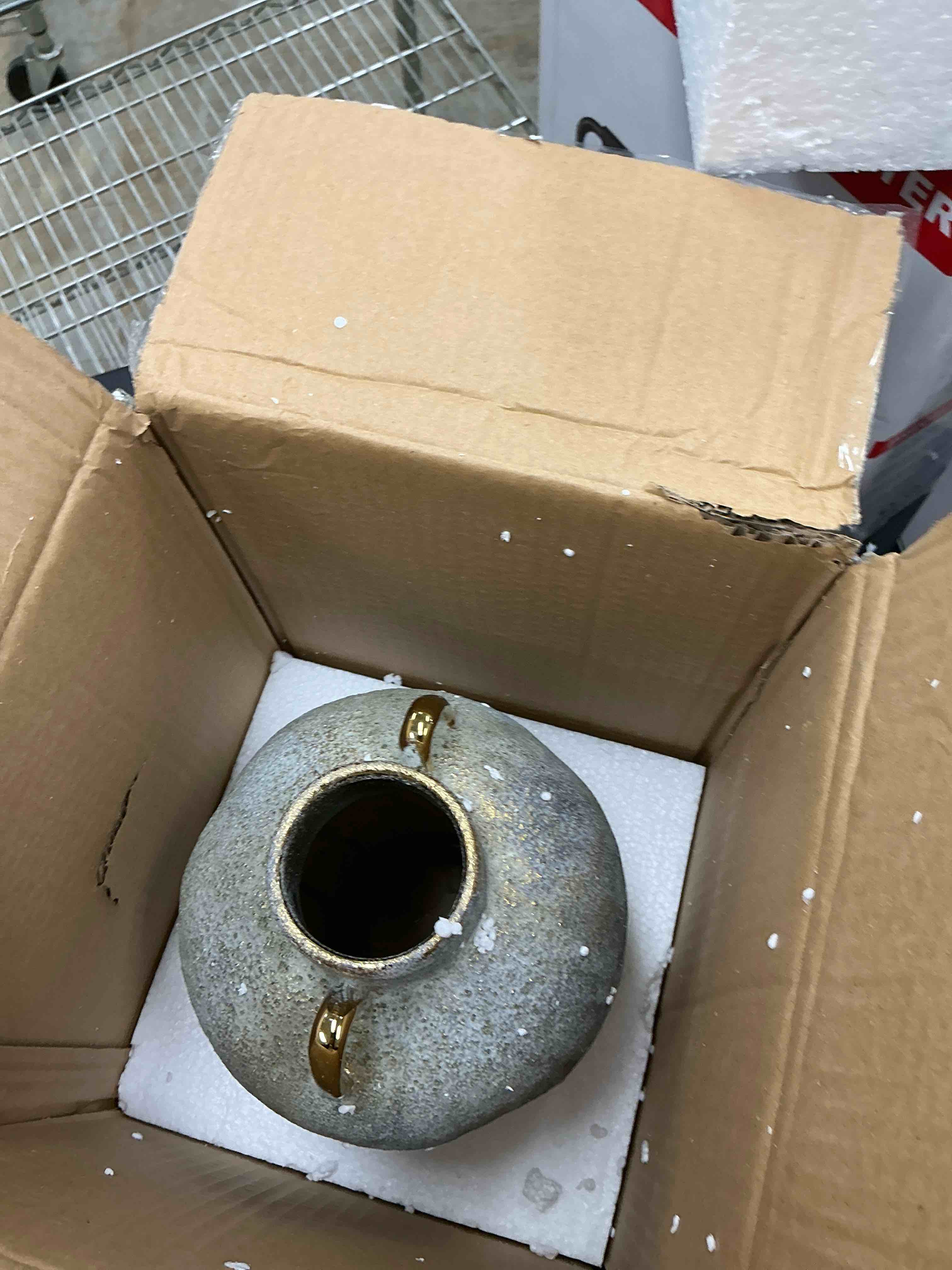 Condition photo showing Good Condition for Large Ceramic Vase, 11.2" Tall Rustic Farmhouse Vase, Vintage Flower Vase with 2 Ears, Electroplated Terracotta Boho Vases for Home, Living Room, Shelf, Mantel, Entryway, Wedding, Tabletop Decor # Gold Small