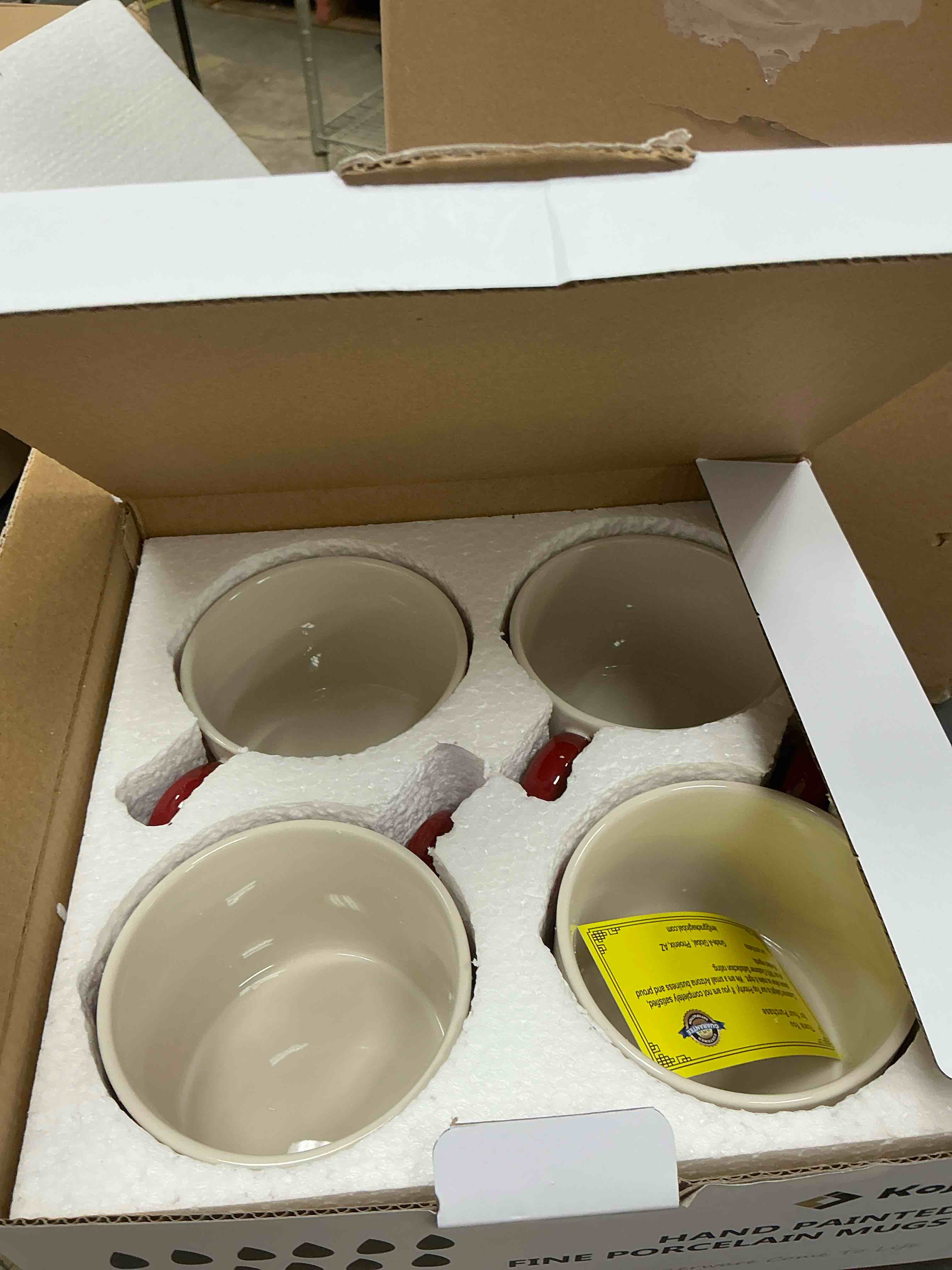 Condition photo showing New/Like New for Koja Hand Painted 15 oz. Porcelain Ceramic Mugs Set. Service for 4. (Hand Painted - Red)