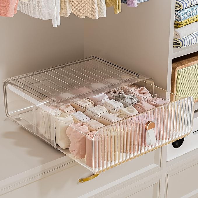 sock underwear drawer organizer - 24 compartment clear acrylic storage bins with removable dividers 
