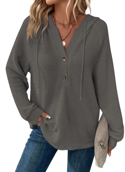 temofon hoodies for women long sleeve waffle pullover sweatshirts v neck drawstring button hoody fall casual loose gray knit tops l