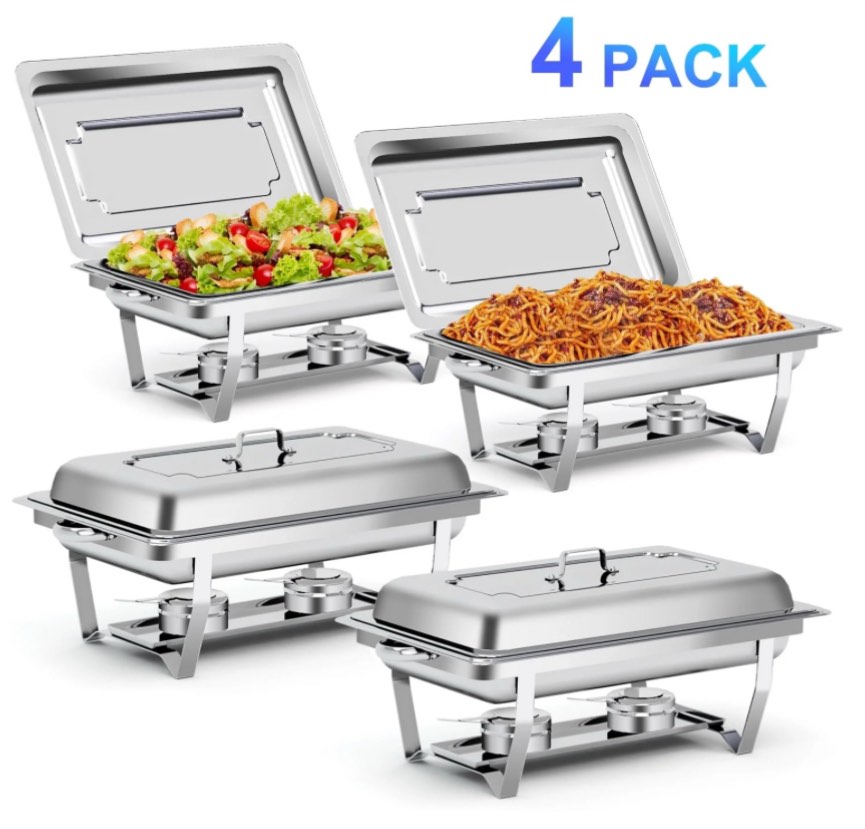 Bluebow 4 Pack Chafing Dishes for Buffet Set, Stainless Steel Catering Chafer, Serving Food Warmer with Lids, Food & Water Pans & Fuel Holders