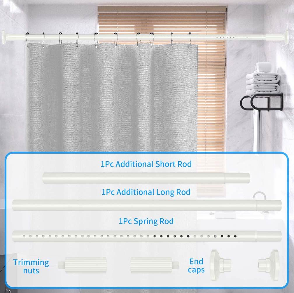 Ktinnead Tension Curtain Rod 51-128in, Extra Long Curtain Rod No Drilling for Window or Bathroom Patio, Adjustable Spring Shower Curtain Rod, Easy to Install Never Rust, Rod Diameter 1.26in-White