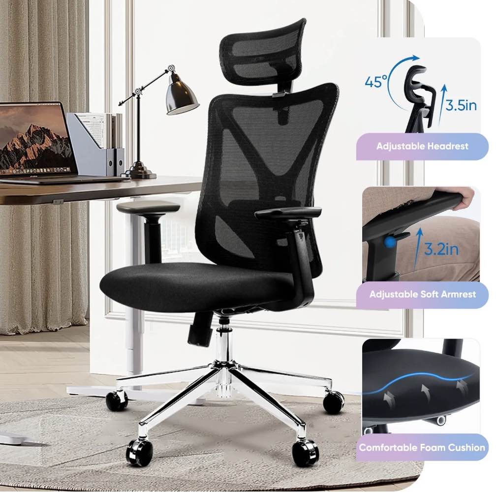 Deli Ergonomic High Back Office Chair, Adjustable Computer Desk Chair with Lumbar Support, 330lb, Black