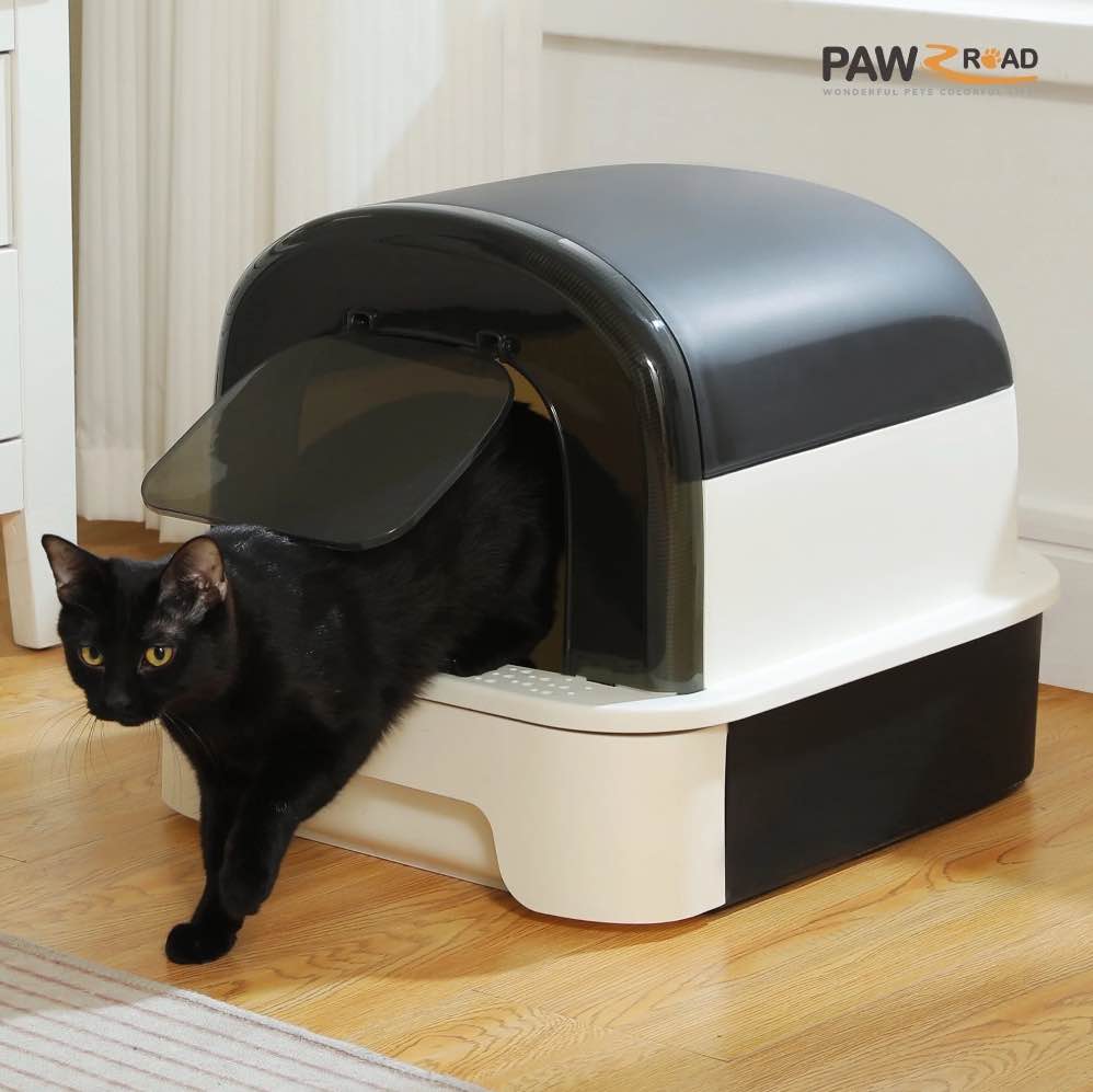 PAWZ Road Large Cat Litter Box with Scoop Litter Box with Lid Double-layer Leak-proof Litter Box for Cat, Black