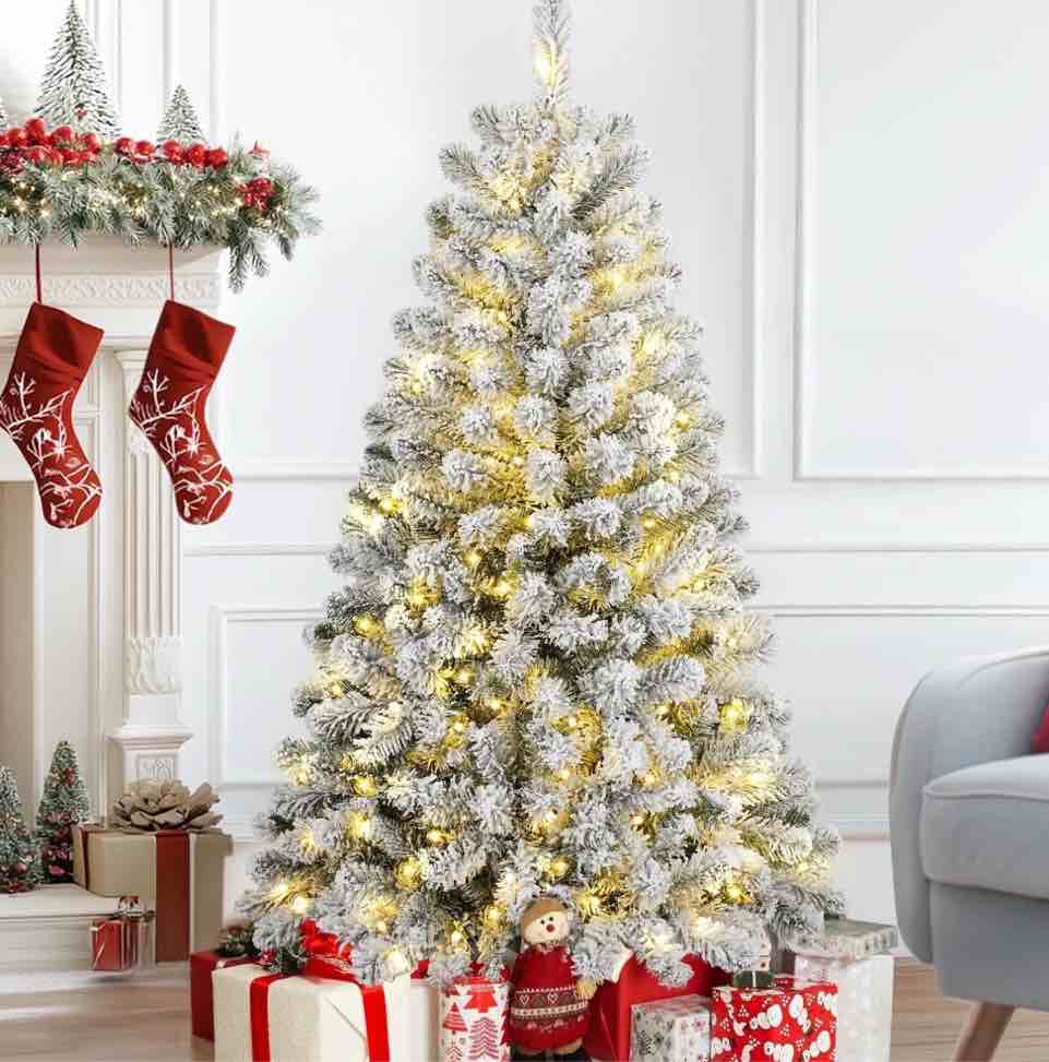 Qunler Pre-Lit Christmas Tree, 4FT Artificial Christmas Tree with 360 Tips, Snowy Xmas Tree with 120 Multicolor & Warm White LED Lights for Holiday, Indoor, Home