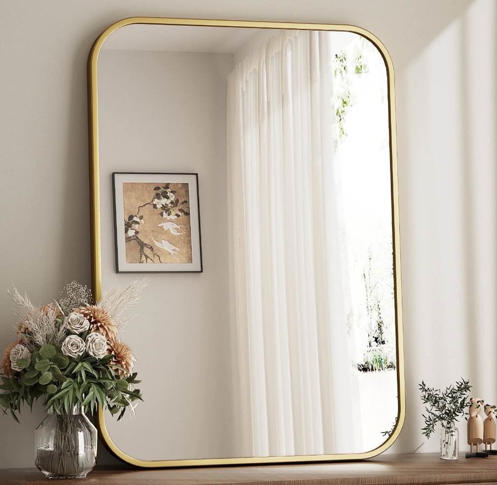 BEAUTYPEAK 20"x28" Wall Mirror Rounded Corners Hanging Vanity Mirror Gold