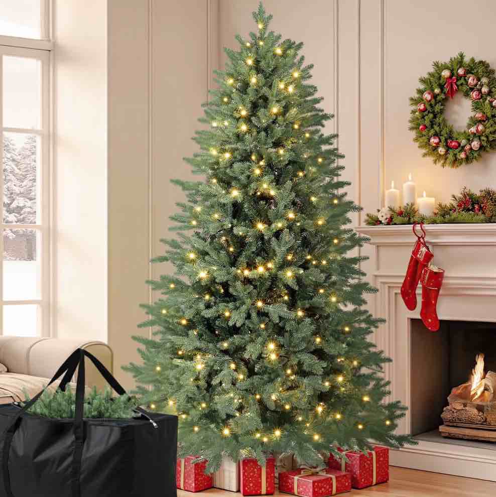 Laintene 6ft Hinged Pre-Lit Christmas Tree with 2085 PE & PVC Tips, 400 Warm White LED Lights, Artificial Fir Xmas Tree with Metal Stand & Large Storage Bag for Holiday Decoration