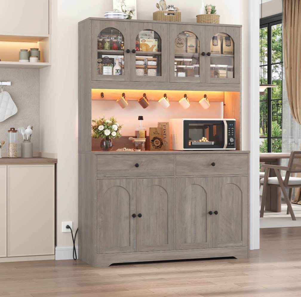 Homfa 71" Kitchen Pantry with LED Lights and Charging Station, Freestanding Kitchen Cupboard with Storage and Microwave Stand, Floor Cabinet for Dining Living Room, Wash Gray