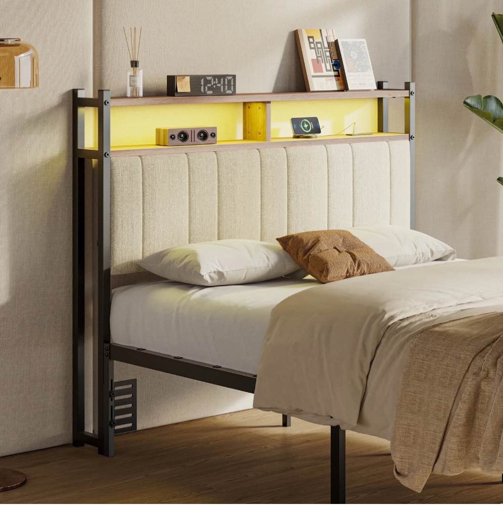 Pinmoco Upholstered Headboard for Full Bed with Storage, Linen Head Board with LED Light and Charging Station, Beige, Headboard Only(Bed Frame Not Included)