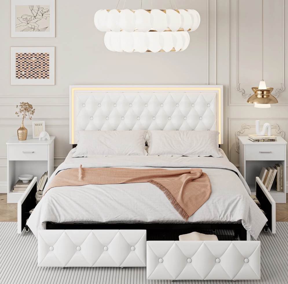 Homfa Queen LED Bed with 4 Drawers, LED Lights Platform Storage Bed Frame with Upholstered Adjustable Button Tufted Headboard, PU White