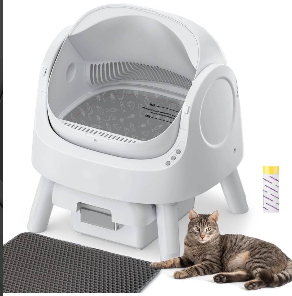 PetPivot Large Open-Top Automatic Cat Litter Box Self Cleaning with Safety Protection, Mat and Trash Bags Included, White