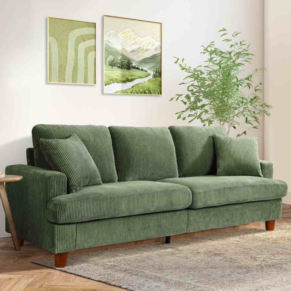 87" Corduroy Sofa,3 Seater Sofa with Extra Deep Seats,Neche Comfy Upholstered Couch for Living Room,2 Pillows,Green