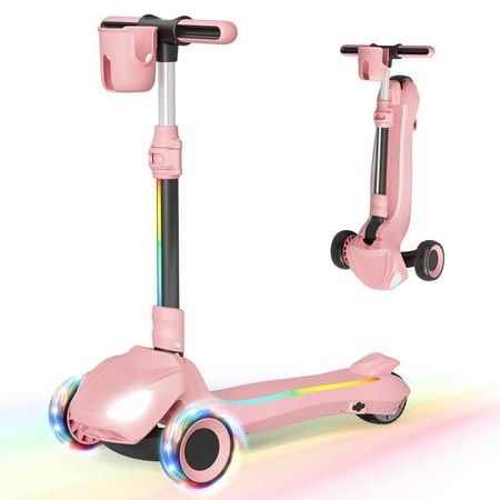 SIMATE Electric Scooter for Kids Ages 4-10,Thumb Accelerator, LED Lights LCD Screen, 3 Adjustable Height & 3 -Wheels Electric Scooter for Girls/Boys,5mph