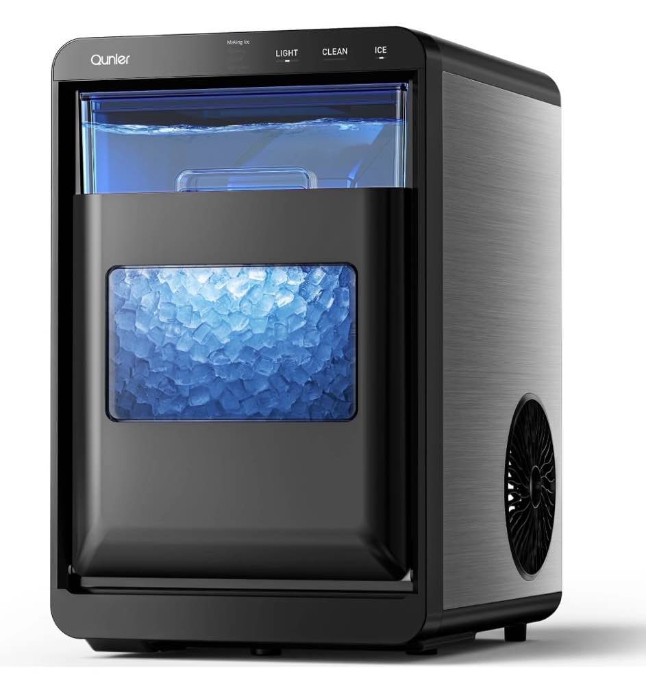 Qunler Nugget Ice Maker Countertop, 44lbs per Day Chewable Pebble Nugget Ice Machine with Touch Screen for Home, Kitchen, Office, Stainless Steel, Black