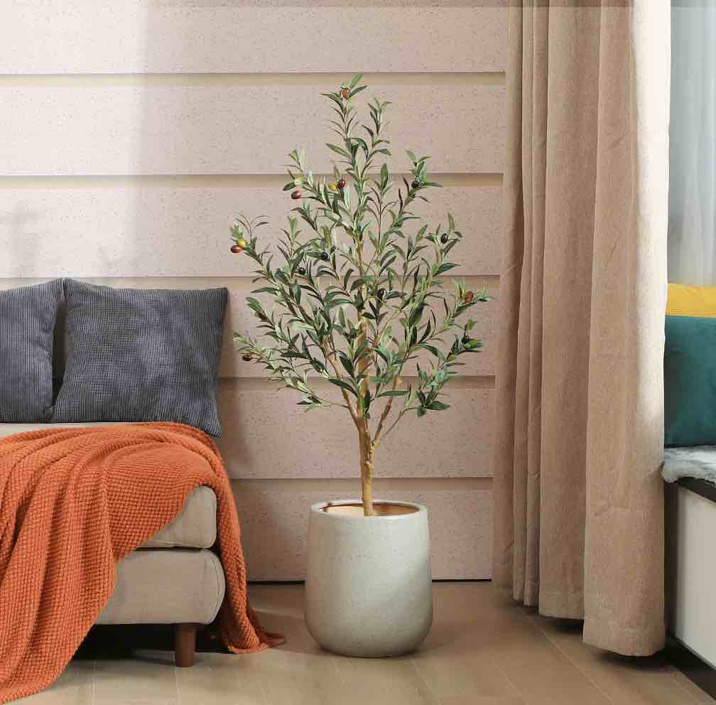 DR.Planzen 5ft Artificial Olive Tree Indoor, Tall Faux Olive Tree, Artificial Plants with Natural Wood Trunk and Lifelike Fruits for Home Office Decor