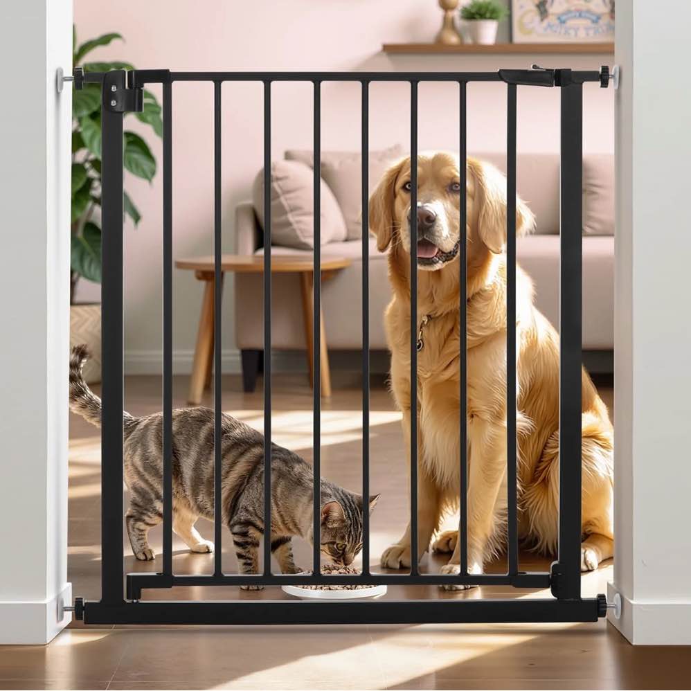 Pet Gate, Caveen 29.5''-32.2''Dog Gates for Stairs & Doorways, Gate for Ages 6 to 36 Months, Black