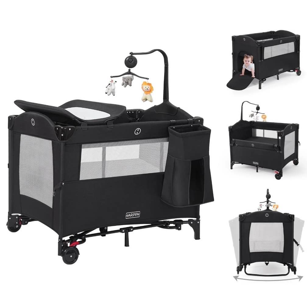 HARPPA 5 in 1 Portable Playard and Bassinet Bedside Sleeper for Newborn to Toddler, Unisex, Black