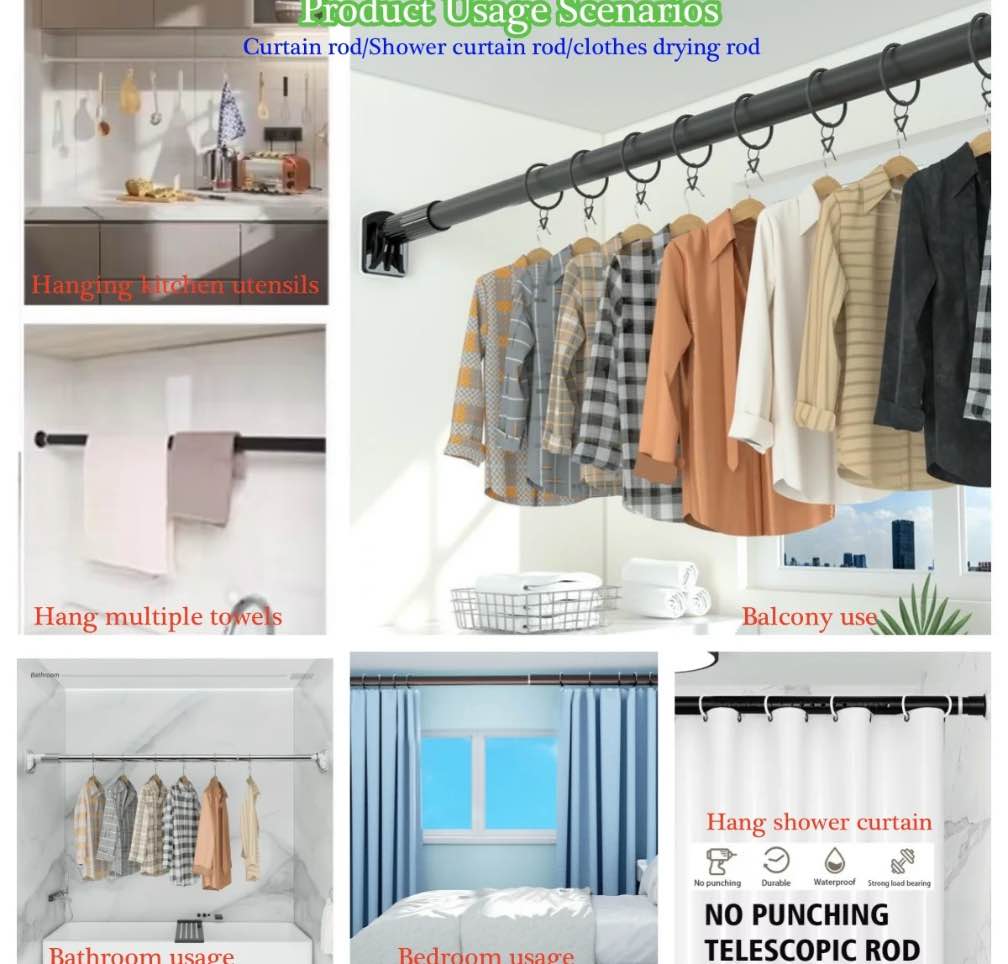 Spring Tension Curtain Rod for Room Divider 43 to 142 inches,Adjustable Shower Curtain Rods,No Drilling,Black