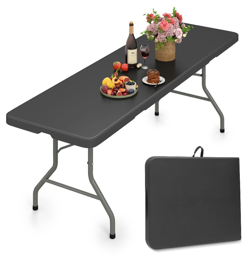 Harigal 8ft Folding Table Portable Fold-in-Half Design with Handle, Large Folding Table for Indoor Outdoor Events, Black