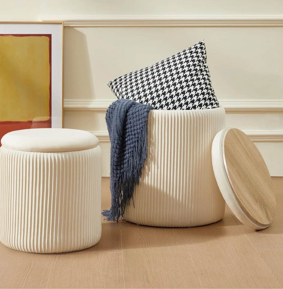 Round Ottoman with Storage Set of 2 Upholstered Velvet Vanity Stool for Makeup Lines Support 301lbs Ottomans Multifunctional Foot Rest Coffee Table Padded Seat for Living Room&Bedroom