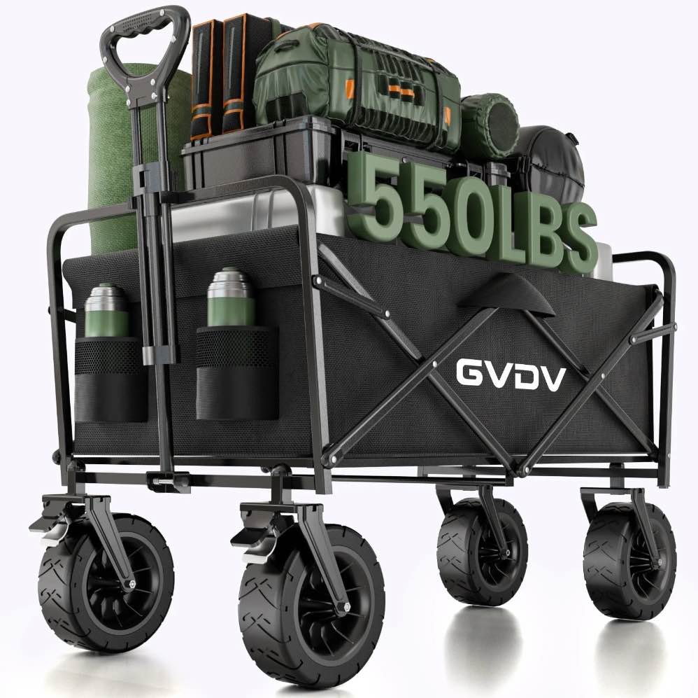 GVDV Collapsible Folding Wagon, 550LBS Large Heavy Duty Utility Cart with All-Terrain Wheels and Adjustable Handles for Shopping, Camping, Sports, Outdoor, Beach, Black
