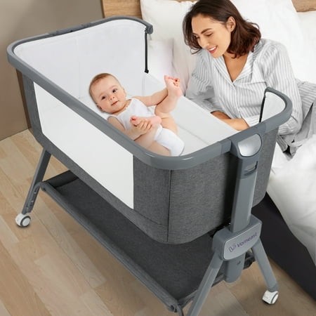 Vomeast Baby Bassinet Bedside Sleeper with Wheels, Adjustable Height, Dual-Lock, Storage Bag for Newborns Infants, Gray