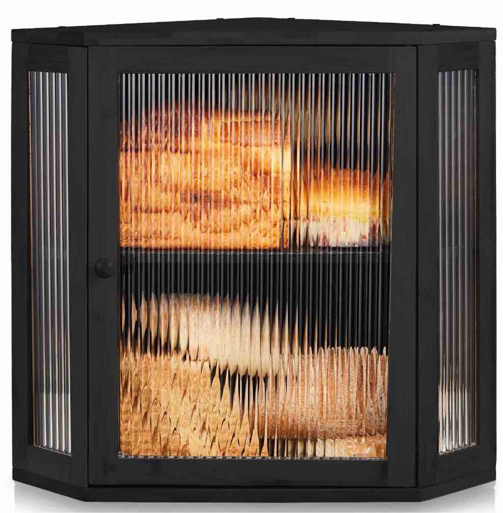 HONGBAKE Double Layer Corner Bread Box for Kitchen Counter with Height-adjustable Partition, Extra Large Black Bamboo Wooden Bread Box for Multiple Loaves, Modern Breadbox for Kitchen Countertop