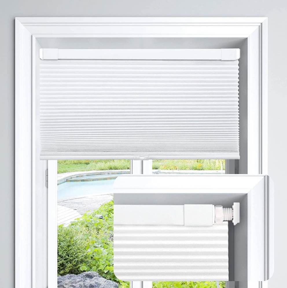 LazBlinds Cordless Cellular Shades, No Tools No Drill Light Filtering Honeycomb Shades Pleated Blinds for Windows, 25'' W x 64'' H, White