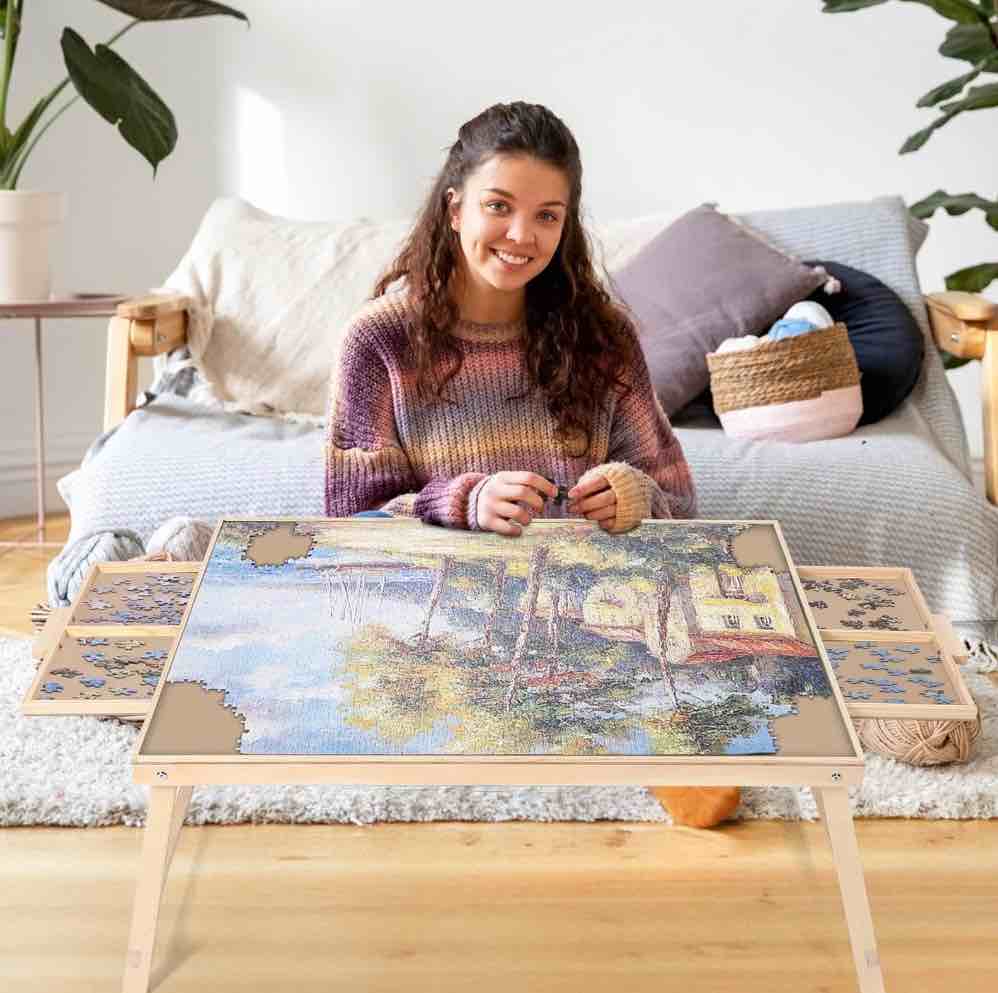 1500 Piece Puzzle Board With Folding Legs And 2 Sliding Drawers,34" X 26" Wooden Jigsaw Puzzle Table,Wood Puzzle Tray For Adults