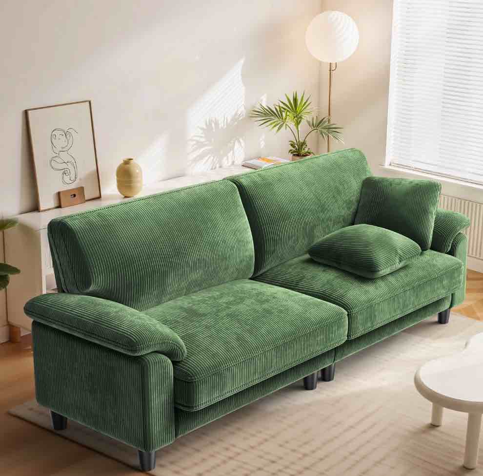 83" Corduroy Sofa,Loveseat Sofa with Extra Deep Seat Couches ,Comfy Upholstered Couch for Living Room,Tool-Free Setup with 2 Pillows,Green