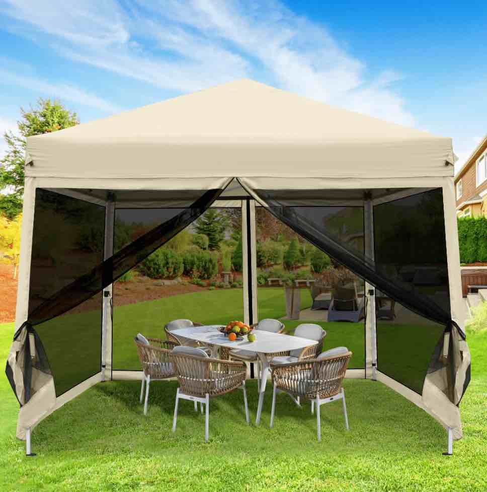 GVDV 10ft x 10ft Pop-Up Canopy, Outdoor Canopy tent with Adjustable Height, Mosquito Netting, Zipper Doors, and Carry Bag