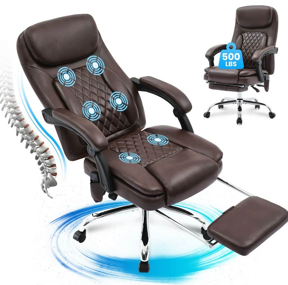 JONPONY Big and Tall Office Chair 500LBS Executive Office Chair Massage and Footrest Ergonomic Computer Desk Chair Reclining High Back Leather Office Chair Lumbar Back Support Swivel Rolling,Brown