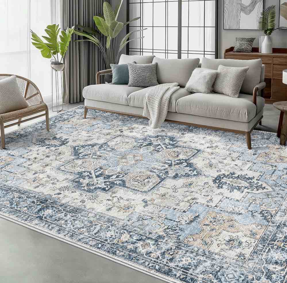 KUETH Modern 8x10 Area Rugs for Living Room, Non Slip Machine Washable Retro Rugs, Low Pile Chenille Print Rug for Bedroom, Dining Room, Home Office, Blue