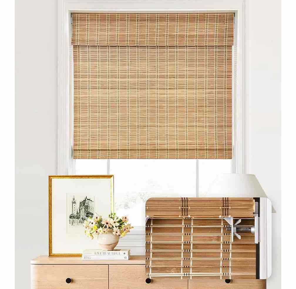 LazBlinds No Tools No Drill Cordless Bamboo Roman Shades, Light Filtering Window Treatment, Roll Up Bamboo Blinds for Window 20'' W x 64'' H, Brown