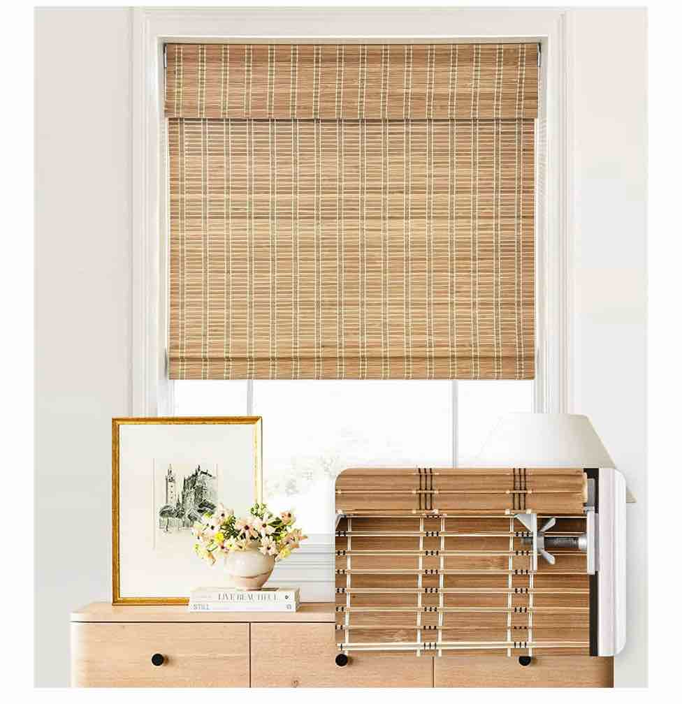 LazBlinds No Tools No Drill Cordless Bamboo Roman Shades, Light Filtering Window Treatment, Roll Up Bamboo Blinds for Window 20'' W x 64'' H, Brown