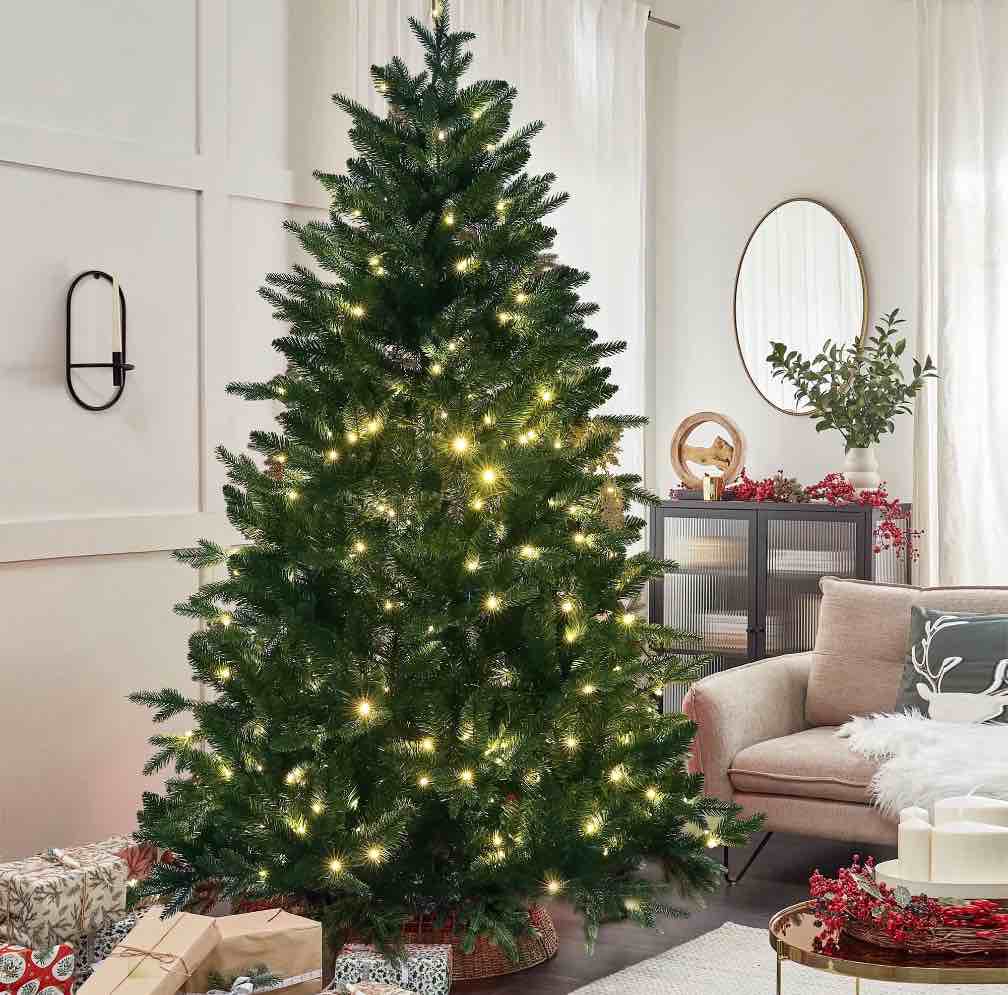 Qunler Christmas Tree, 6ft Hinged Pre-Lit Christmas Tree with 980 PE & PVC Tips, 300 Warm White & Multicolor 10 Modes LED Lights, Artificial Pine Tree for Xmas Holiday Decor