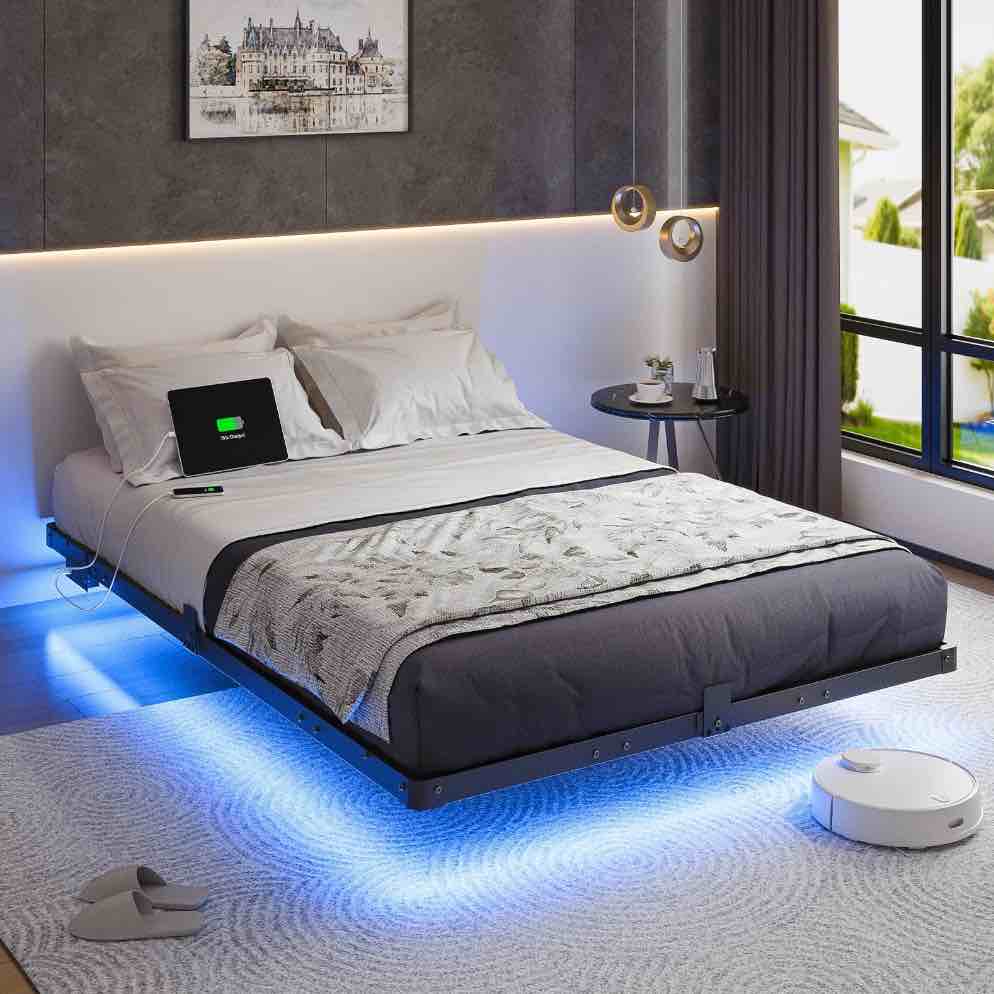 Kbun Full Floating Bed Frame with Smart LED Lights and Charging Station, Heavy Duty Metal Platform Bed Frame, Noise-Free, Under-Bed Storage, No Box Spring Needed