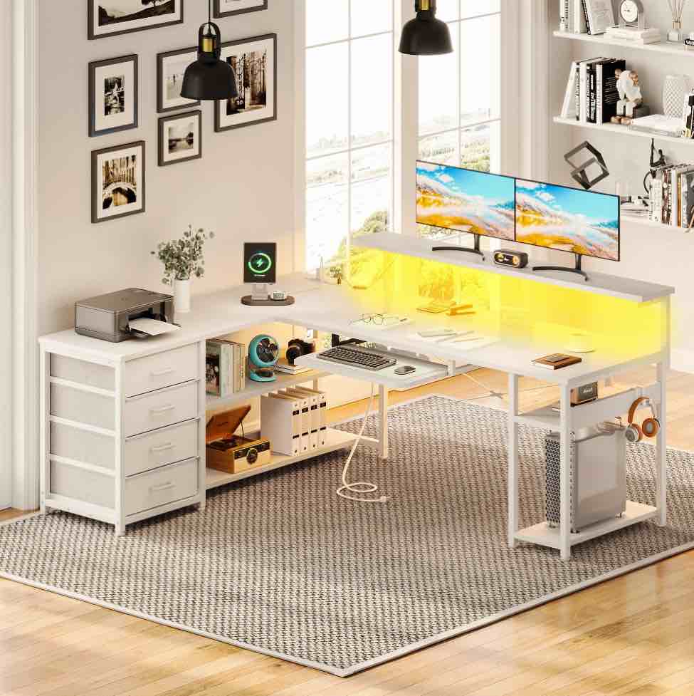 L-Shaped Computer Desk with Power Outlets, Adjustable Monitor Shelf, Storage Drawers, Keyboard Tray & LED Lights, Reversible Gaming Desk for Home Office, Pure White