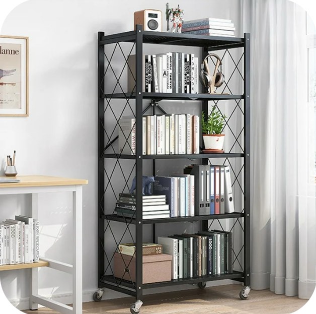 COOKCOK 5-Tier Storage Shelving Unit, Metal Shelf 27.9"x13.4"x62.5, Foldable Storage Shelf with Wheels, Garage Shelf, Metal Storage Rack, Kitchen Shelf with 4 Hooks, No Assemble Require