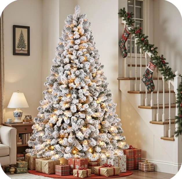 Alupssuc 6.5ft Prelit Snow Flocked Artificial Holiday Christmas Tree w/ Warm White Lights, Foldable Stand, Full Snow Branch Tips