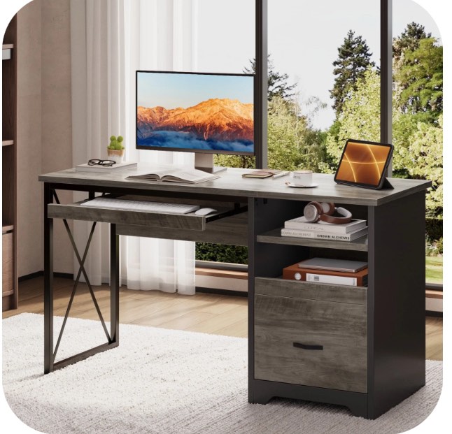 Bestier 47 inch Computer Desk with Storage File Drawer & Keyboard Tray, Home Office Writing Desk Work Study Table for Small Space, Wash Gray