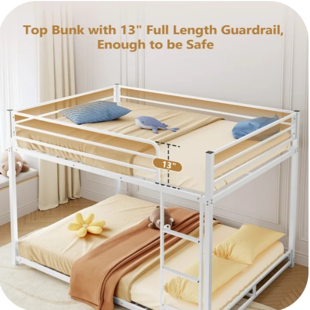 Zimtown Full-over-Full Bunk Bed, Low Profile Junior Bunk Bed Frame, White