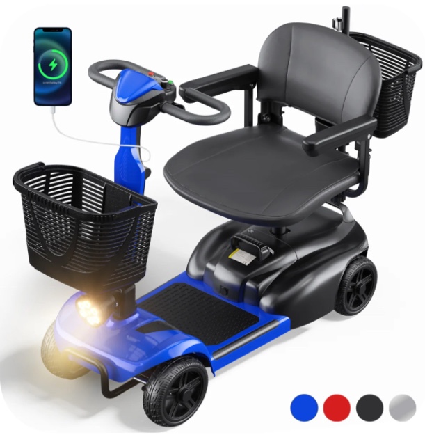 SACVON 4 Wheels Mobility Scooter with Cane Holder for Seniors, Electric Folding Wheelchair Device for Travel, Blue