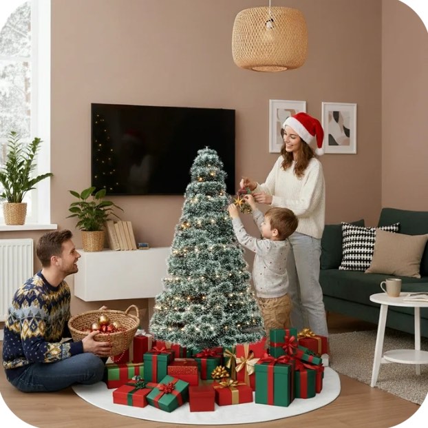 4.5ft Pre-lit Snow Flocked Artificial Christmas Tree, Prelighted Artificial Xmas Tree, With 347 Branch Tips, 120 Incandescent Lights & Foldable Base, For Home, Office, Party Decor