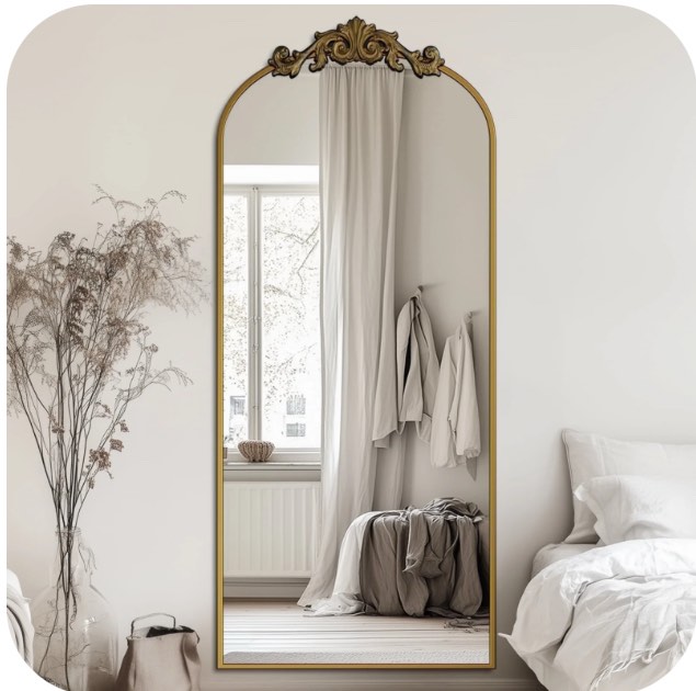 Antok 65"x24" Vintage Arched Full-Length Mirror with Carved Metal Frame, Baroque-Style Floor Mirror for Living Room, Bedroom, Entryway or Hallway Decor, Bronze